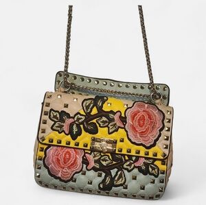 Embroidered Floral Rose Gold Studded Shoulder Bag in Yellow and Pink